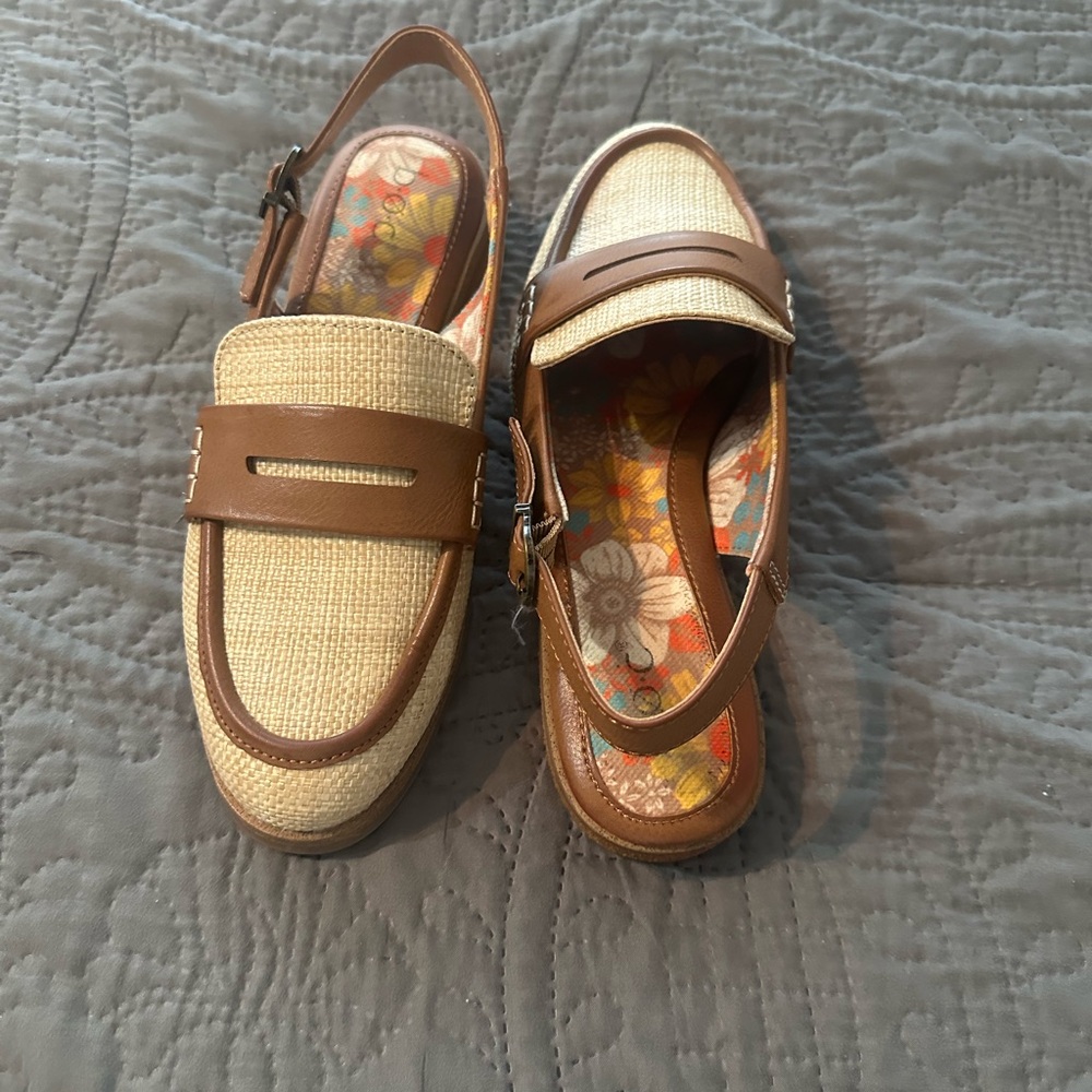 Boc. Slingback flats. Beautiful-patterned interior. Size 7. Tan colored